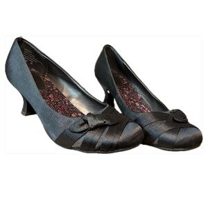 JellyPop Angel Pumps 7.5 Black Fabric Round Toe Kitten Heel Bow